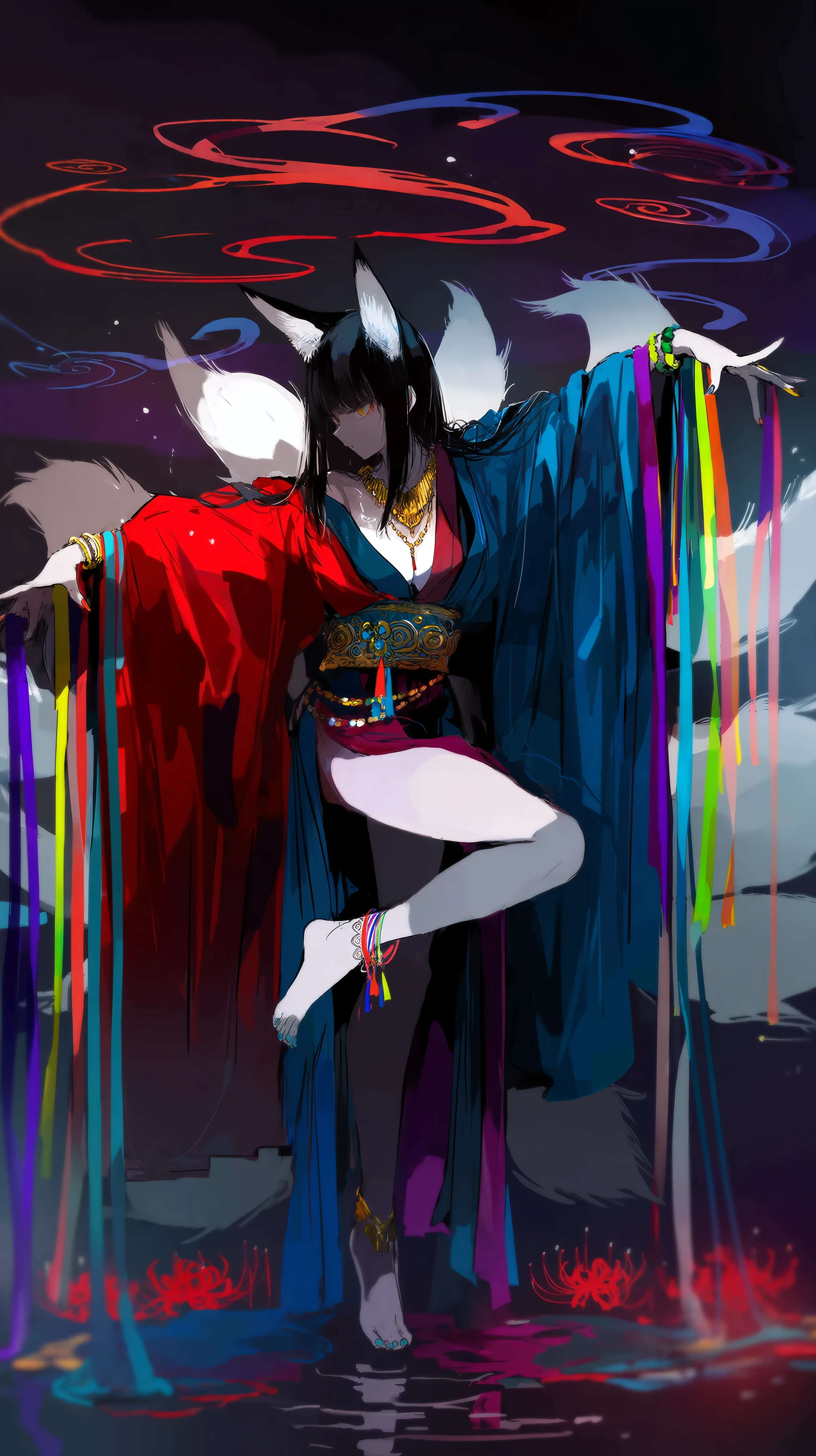 Vibrant kitsune trickster in flowing red-and-blue robes, character art made with Dreamerland