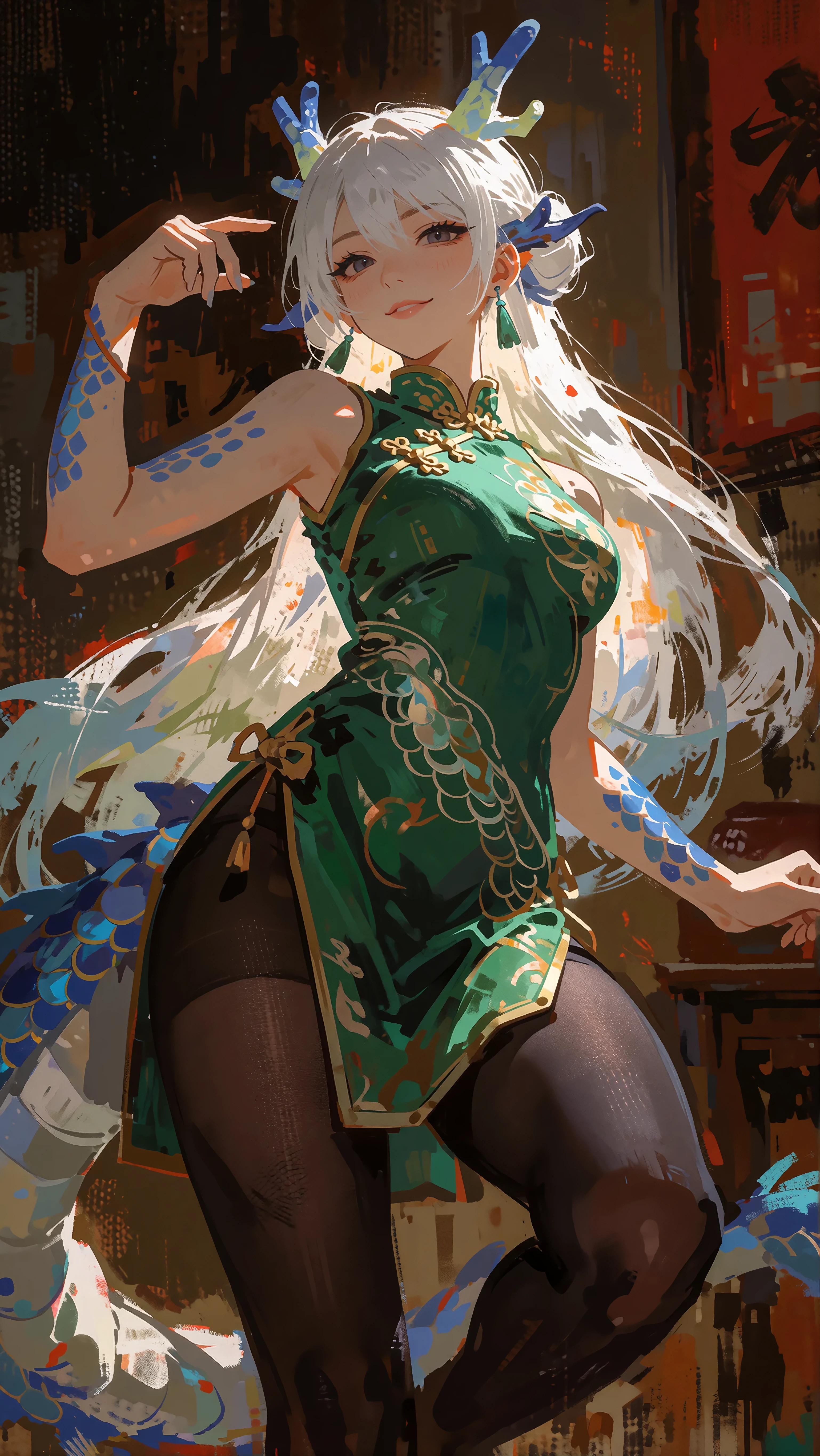 Flowing green qipao dress with delicate floral patterns, elegant illustration made with Dreamerland